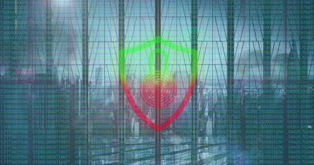 Digital shield icon merging with fingerprint pattern in skyscraper lobby, with green code overlay