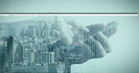 Holding pair of hands interacting with touchscreen tablet over city skyline, floating code blocks