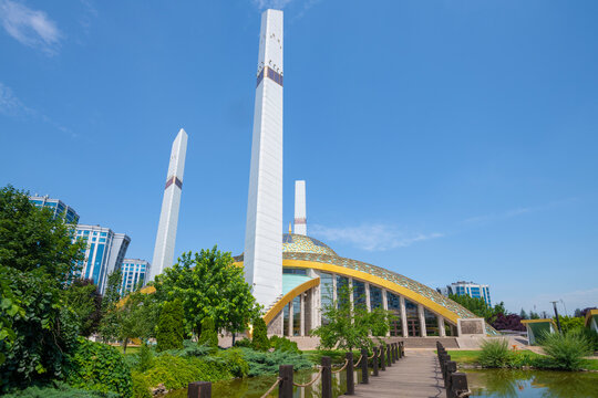 View of the Aimani Kadyrova Mosque (Mother's Heart Mosque) on a sunny June day, Argun
