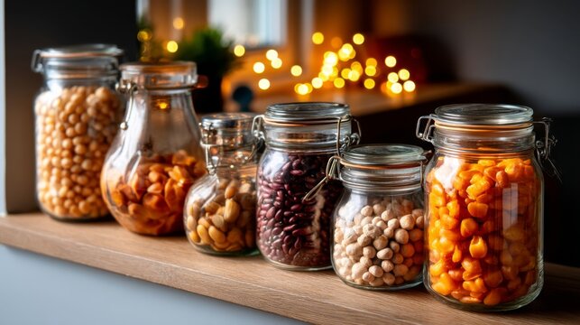 Vibrant Collection of Legumes in Glass Jars on Pantry Shelf with Natural and Warm Studio Lighting