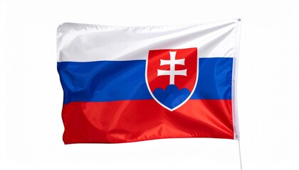 Fototapeta premium Slovakia flag waving—white, blue, and red horizontal stripes with coat of arms featuring double cross on three blue hills, symbolizing national pride and cultural heritage.