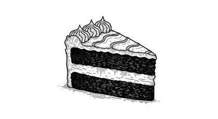 Hand-Drawn Linocut-Style Cake Slice Illustration – Vintage Black and White Dessert Drawing with Layered Texture and Expressive Frosting Detail on White Background