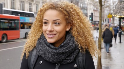Woman smiling outdoors on city street with pedestrians and buses in the background