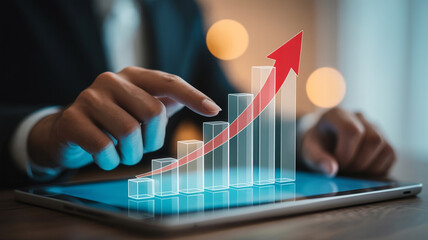 Hand interacting with holographic rising bar graph on tablet screen business finance