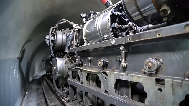 A detailed view of the powerful, old metal wheels of a vintage steam locomotive on a railway