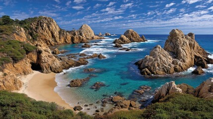 Coastal landscape with rocky cliffs and sandy beach under a blue sky