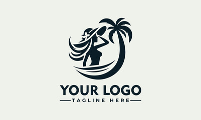 Elegant woman silhouette enjoying a tropical beach, palm tree, ocean waves, logo design.