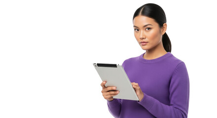 Fototapeta premium An image of asian woman holding tablet computer.. The scene includes education, data, stylish, Asian, elegant, office, digital, screen, social