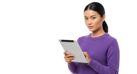 An image of asian woman holding tablet computer.. The scene includes education, data, stylish, Asian, elegant, office, digital, screen, social