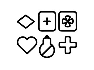 Simple graphic depicting healthcare and medicine concepts. This clean, vector graphic displays various healthcare and pharmaceutical icons: plus signs representing medical care, pills, and a capsule.