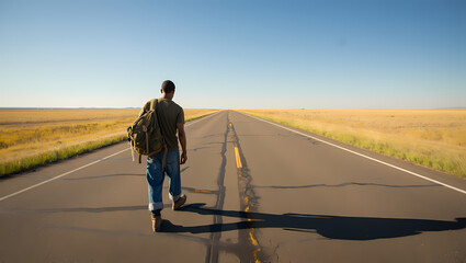 Obraz premium Hiker Walking on a Straight Road Through a Vast Plain