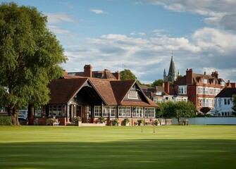 A view of the front lawn and pavilion building at a British village green bowling green, with a brown wooden house and an English town in the background. The green grass lawn is for the bowling sport.