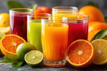 Assortment of fresh fruit juices and fruits