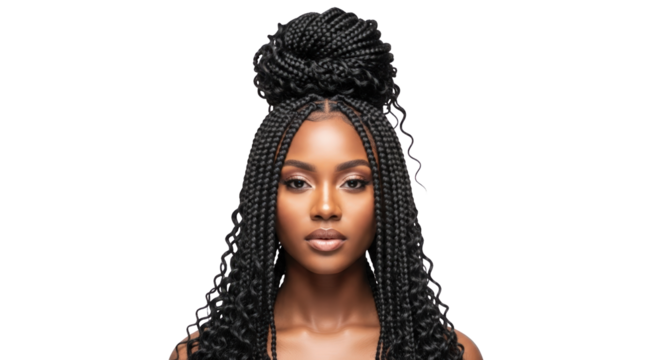 An image of beautiful black woman with braided hair 1.. The scene includes braided, fashion, hair, face, headshot, stylish, trendy,
