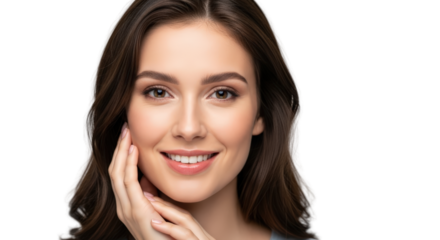 An image of beautiful woman smiling with perfect skin.. The scene includes face, eyebrows, hair, white, elegant, touching, flawless, facial,