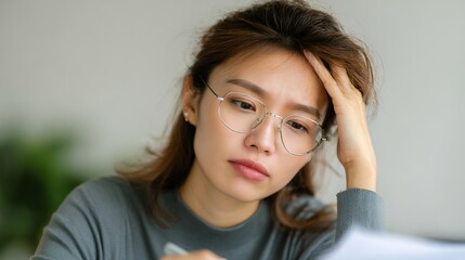 Fototapeta premium Thoughtful Contemplation: An elegant lady with glasses is meticulously writing, capturing a moment of focused concentration and contemplative introspection.