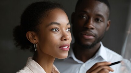 Focused Collaboration: A focused woman and man of color engage in a meeting, displaying teamwork. Expressing focus and collaboration