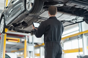 Car mechanic inspecting lifted vehicle with digital tablet in a modern auto repair shop