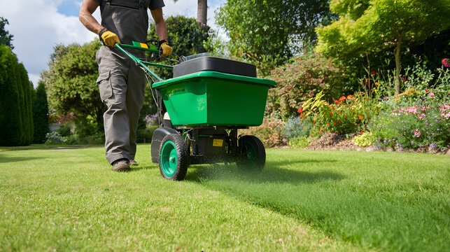 Gardener using push spreader to fertilize lush green residential grass lawn , gardener, push spreader