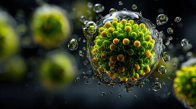 3D render of vibrant green and yellow microscopic cells suspended in water, surrounded by bubbles
