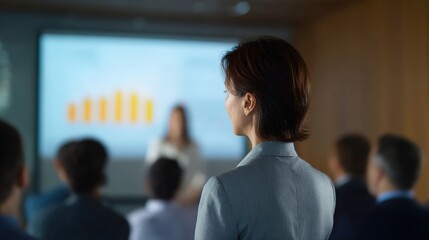 Presentation Powerhouse: A woman leading a dynamic presentation in a modern setting, captivating an audience. The scene is filled with energy, highlighting the essence of communication and leadership.