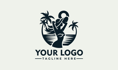 Silhouette logo depicting a woman on a beach with palm trees, sun, and waves.