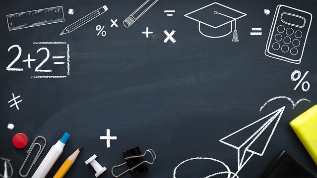 Creative Education Still Life Back to School Concept with Chalkboard Drawings and School Supplies Arranged Artistically