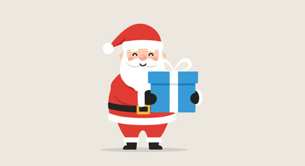 Cartoon Santa giving blue gift, simple beige background, for cards