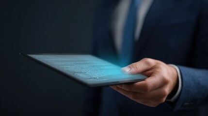 Digitized Agreement: A businessman in a navy suit holds a digital tablet, illuminating the screen with the glow of an e-signature, representing innovation and technology