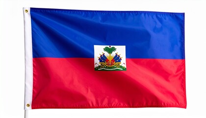 Naklejka premium Haiti national flag with horizontal blue and red bands and central white panel featuring coat of arms with palm tree, cannons, and motto “L'Union Fait La Force,” symbolizing unity, resilience, and nat