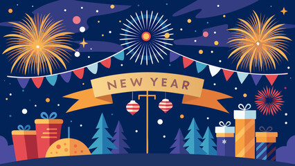 Vector art of new years eve celebration with vibrant fireworks, festive bunting, and gift boxes against a dark, starry night sky
