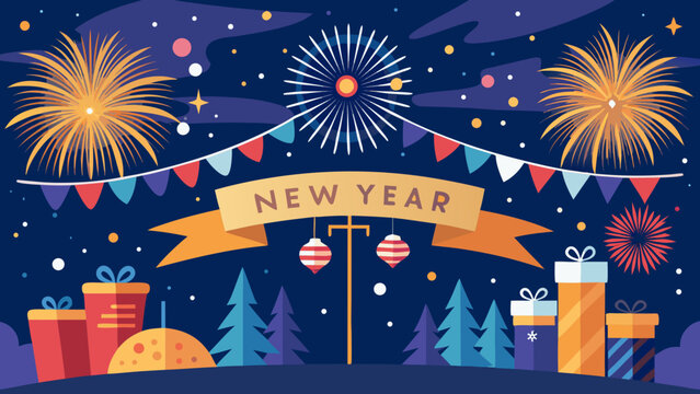 Vector art of new years eve celebration with vibrant fireworks, festive bunting, and gift boxes against a dark, starry night sky