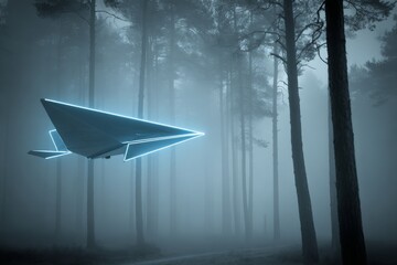 Futuristic Paper Airplane Soaring Through a Misty Forest