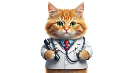 An image of cat doctor with stethoscope and phone.. The scene includes domestic, diagnosis, playful, medicine, medical, adorable, fluffy, ginger,