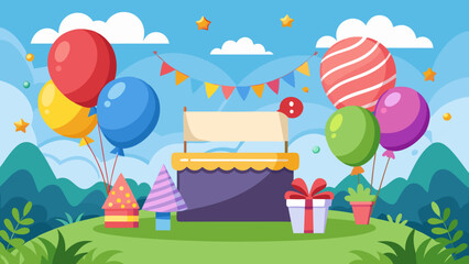 Obraz premium Vector art of outdoor birthday party setup with balloons, a cake stand, gift box, and festive decorations against a backdrop of hills and sky
