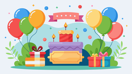 Vector art of an enchanting birthday scene showcasing a beautifully adorned cake, floating balloons, wrapped gifts, and a celebratory banner, evoking a sense of wonder and delight