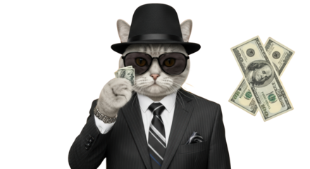 An image of cat in suit holding money.. The scene includes attire, fashion, hat, currency, domestic, humor, elegant, hundred, style,