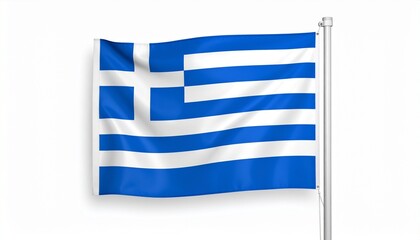 Greece national flag with nine alternating blue and white horizontal stripes and blue canton featuring white cross, mounted on flagpole with gold finial, isolated on plain background, symbolizing nati