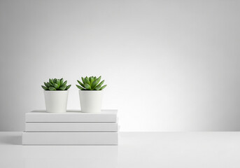 Two small potted succulents on a stack of white books against a clean white wall