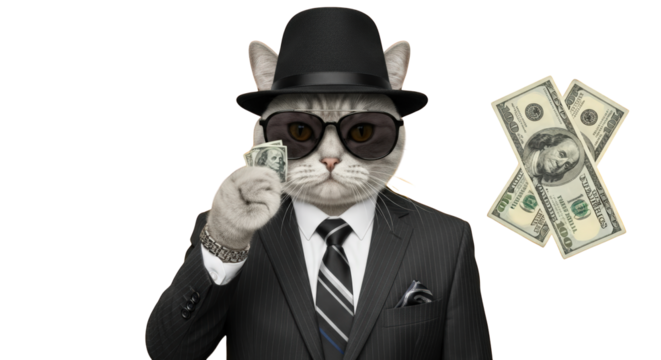 An image of cat in suit holding money.. The scene includes attire, fashion, hat, currency, domestic, humor, elegant, hundred, style,