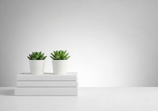 Two small potted succulents on a stack of white books against a clean white wall