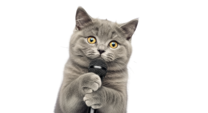 An image of cat singing into microphone isolated.. The scene includes domestic, playful, humor, adorable, white, stage, talent, melody, harmony,