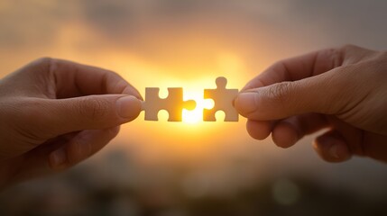 Puzzle Pieces Coming Together: Two hands delicately bring puzzle pieces together, framed against a stunning sunset, symbolizing unity and the culmination of a collaborative effort.