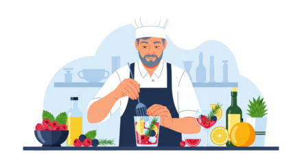 An image of chef preparing refreshing summer cocktail.. The scene includes lemon, hat, beard, summer, apron, white, restaurant, style, kitchen,