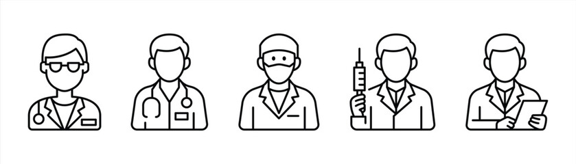 doctor icon set. contain medical precision, medical frontliners, surgeons, healthcare thin line icon symbol sign for your app web. vector illustration