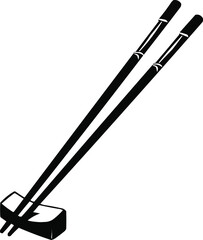 Silhouette Vector of a pair of wooden chopsticks resting on a small ceramic chopstick holder against a white background