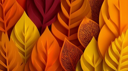 Abstract autumn-themed background with layered leaves in orange, yellow, and brown tones, paper cutout style