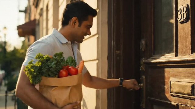Person holding paper bag filled with fresh vegetables while opening door labeled 3B in urban residential setting seamless looping time-lapse animation video background