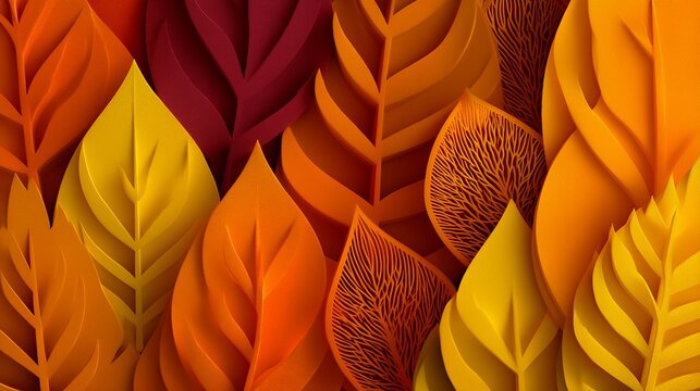 Abstract autumn-themed background with layered leaves in orange, yellow, and brown tones, paper cutout style