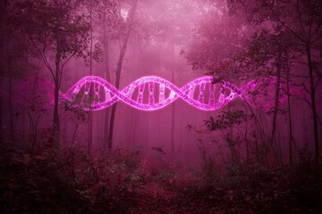 Enigmatic DNA Strand in a Pink Misty Forest